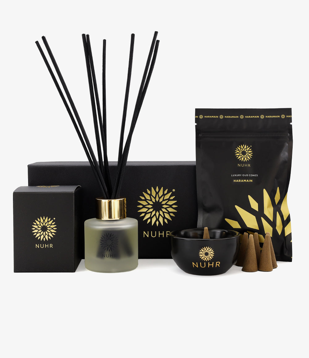 Haramain Home Scenting Gift Set with diffuser, incense cones and burner with option for Roll On Perfume