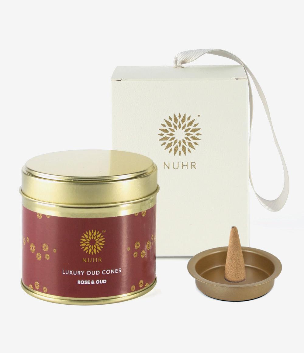 Incense Cones and Gold Metal Plate Burner Gift Set - Rose & Oud - NUHR Home