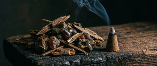 Raw agarwood chips / oud resin on a dark surface — or a dramatic close-up of an oud incense cone burning with a wisp of smoke. Rich textures, dark moody editorial photography.