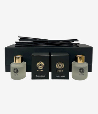 Double Oud Luxury Reed Diffuser Gift Set - Rose and Oud 50ml, Oud and Amber 50ml